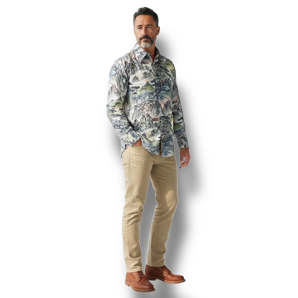 McGregor Vtg 70s Mens Long Sleeve Button Up Shirt Asian Landscape Mountain Disco